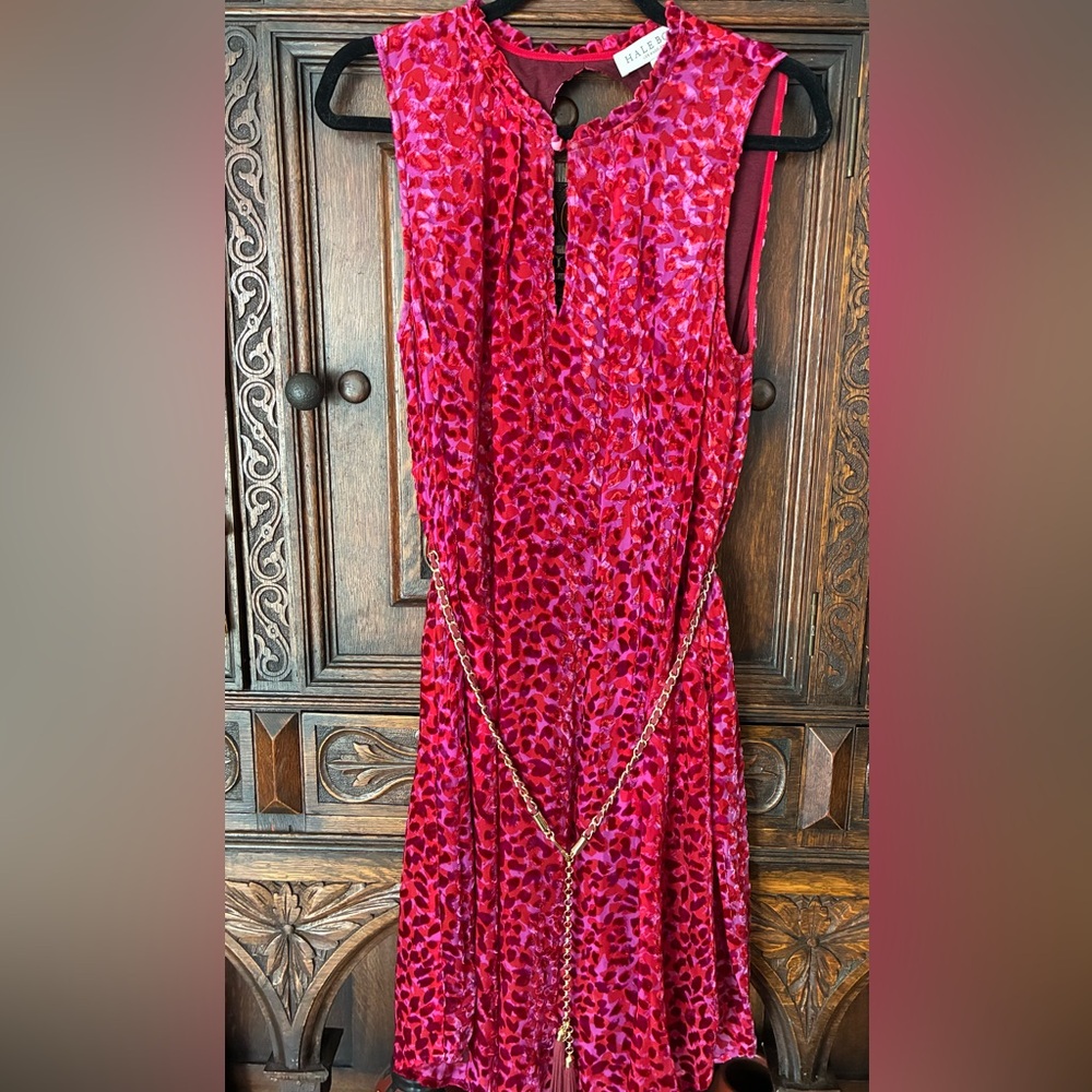 🌹Hale Bob Red & Fuchsia velvet burnout dress|Leopard print with gold chain|M✨ - Picture 2 of 8